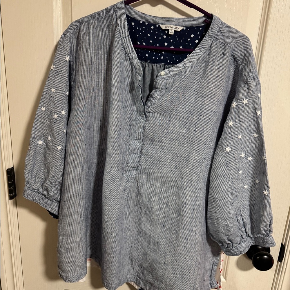 John Mark Navy Star Patterned Top - image 1